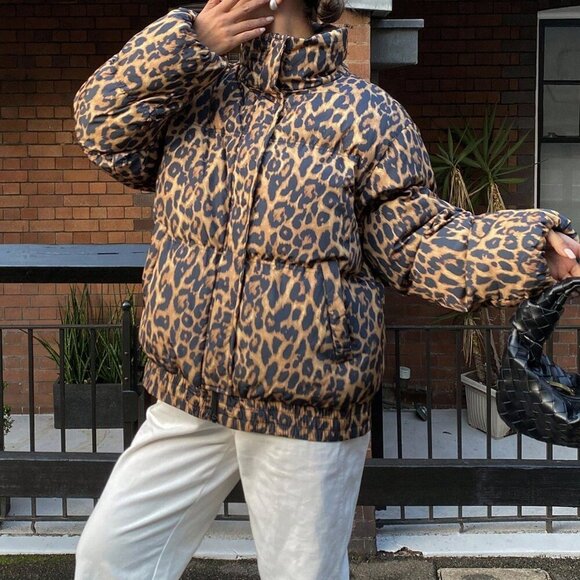 Khaki Casual Women's Leopard Print Padded Coat - Picture 6 of 7